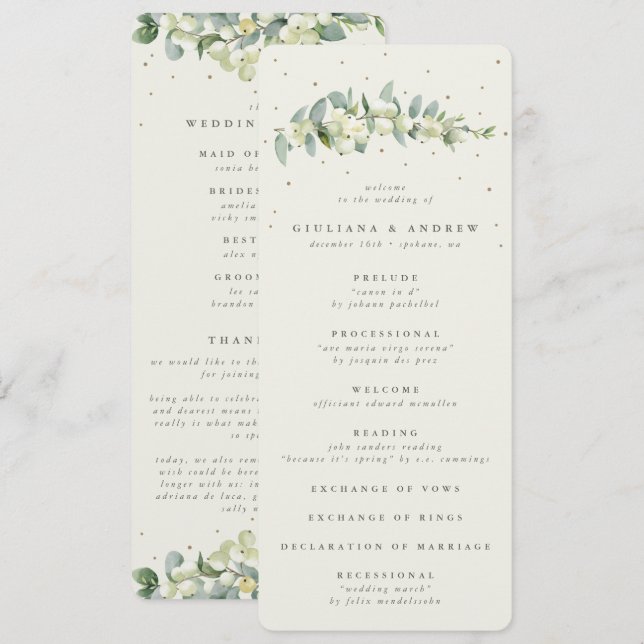 Elegant Cream Snowberry+Eucalyptus Stem Wedding Programme (Front/Back)