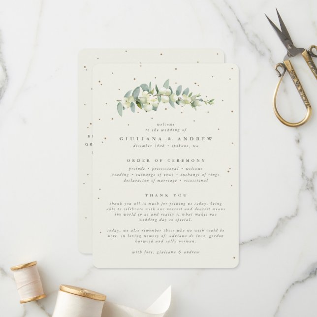 Elegant Cream Snowberry+Eucalyptus Stem Wedding Programme (Front/Back In Situ)