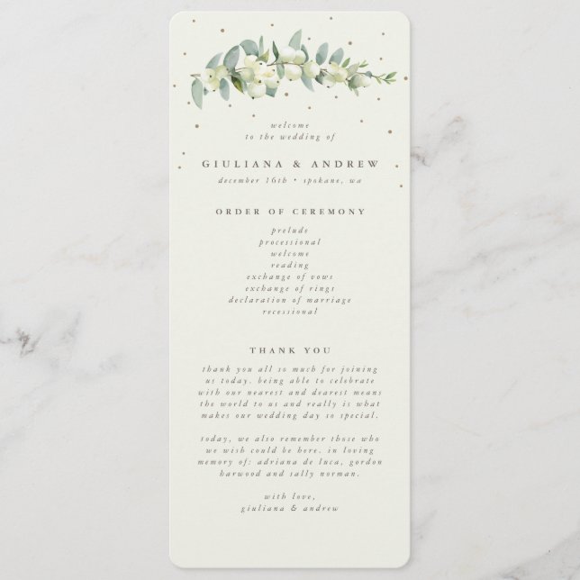 Elegant Cream Snowberry+Eucalyptus Stem Wedding Programme (Front)
