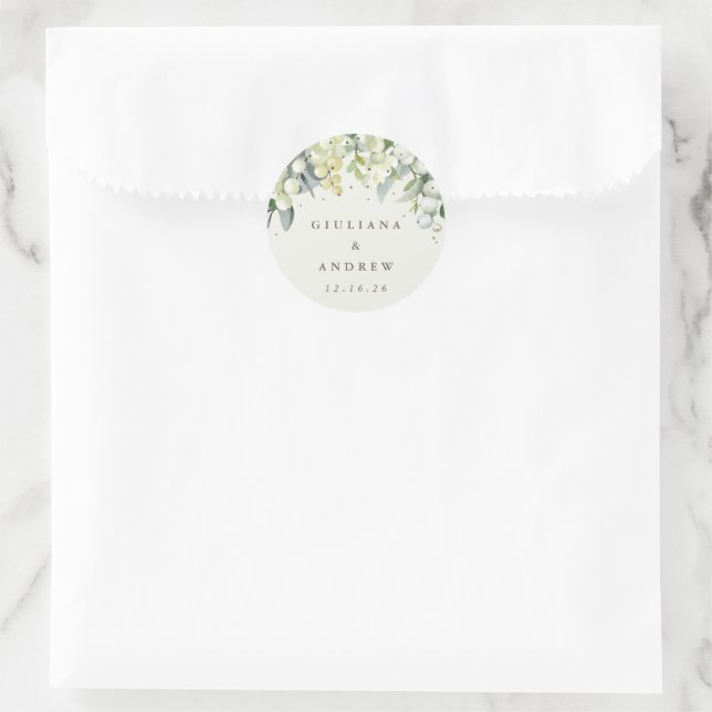 Elegant Cream Snowberry+Eucalyptus Wedding Classic Round Sticker (Bag)