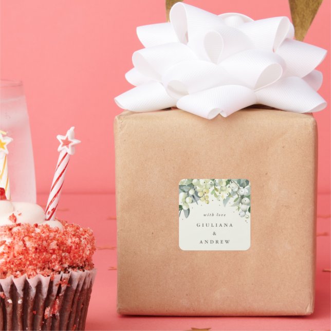 Elegant Cream Snowberry+Eucalyptus Wedding Square Sticker (Party)