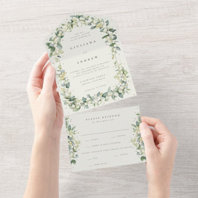 Elegant Cream Snowberry+Eucalyptus Winter Wedding All In One Invitation (Tearaway)