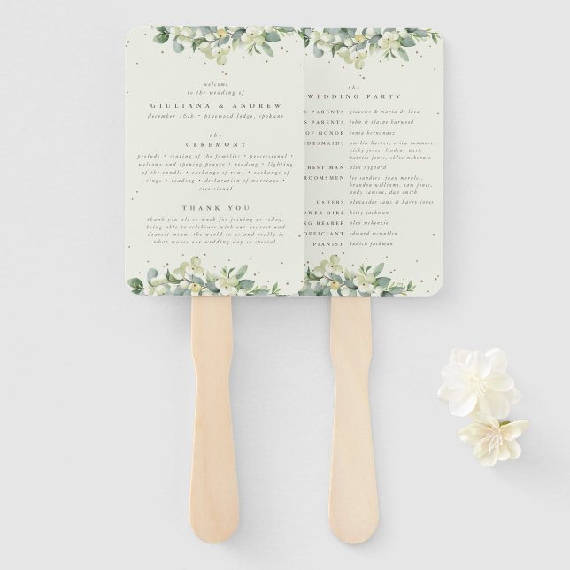 Elegant Cream Snowberry+Eucalyptus Winter Wedding Hand Fan (Front and Back)