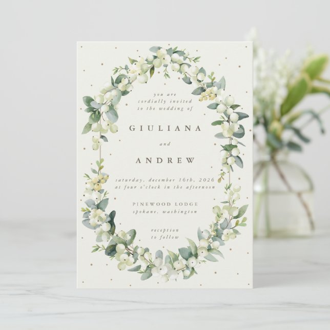 Elegant Cream Snowberry+Eucalyptus Winter Wedding Invitation (Standing Front)