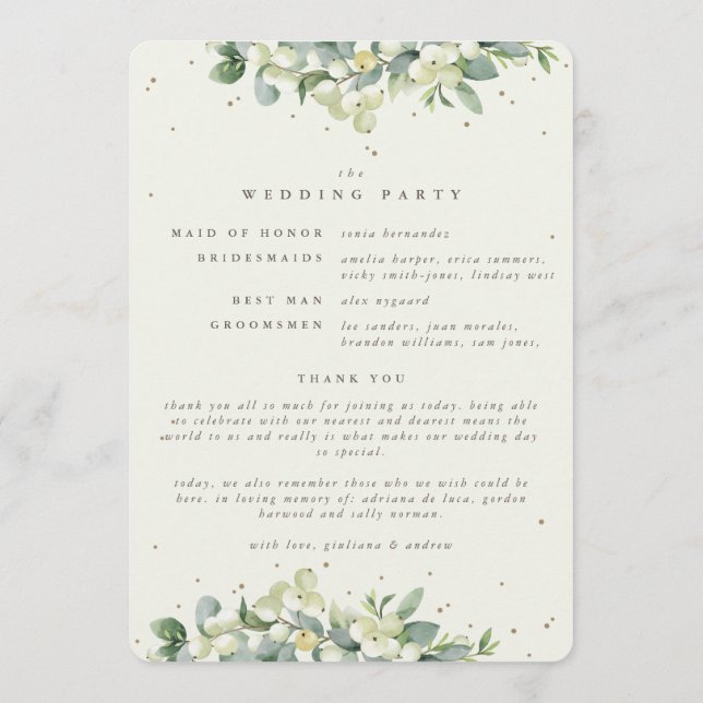 Elegant Cream Snowberry+Eucalyptus Winter Wedding Programme (Back)