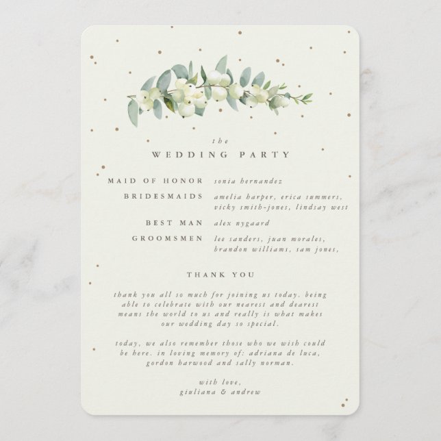 Elegant Cream Snowberry+Eucalyptus Winter Wedding Programme (Back)