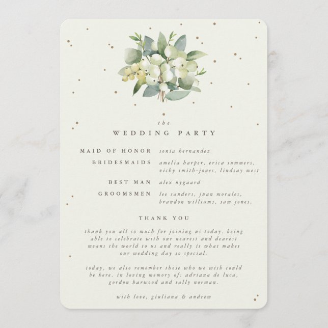 Elegant Cream Snowberry+Eucalyptus Winter Wedding Programme (Back)