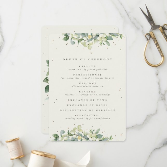 Elegant Cream Snowberry+Eucalyptus Winter Wedding Programme (Front/Back In Situ)