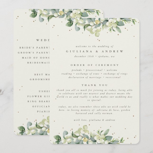 Elegant Cream Snowberry+Eucalyptus Winter Wedding Programme (Front/Back)