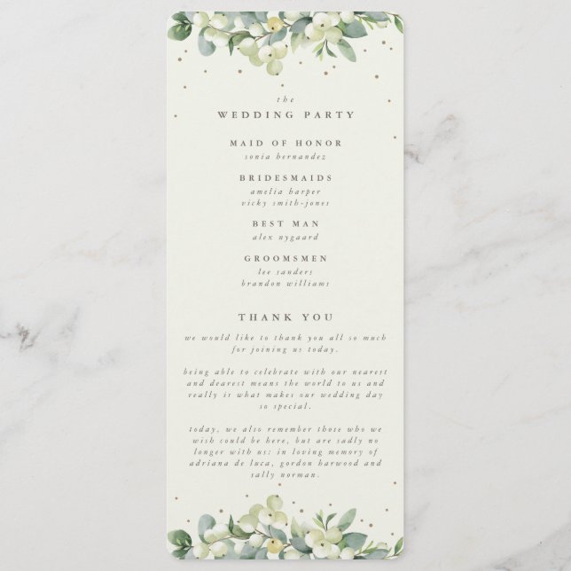Elegant Cream Snowberry+Eucalyptus Winter Wedding Programme (Back)