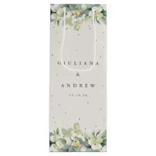 Elegant Cream Snowberry+Eucalyptus Winter Wedding Wine Gift Bag