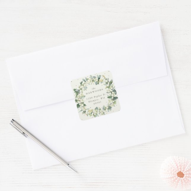 Elegant Cream Snowberry+Eucalyptus Wreath Address Square Sticker (Envelope)