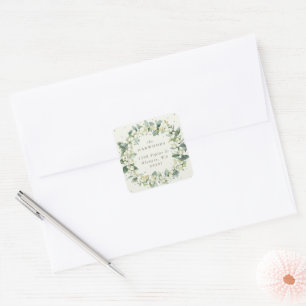 Elegant Cream Snowberry+Eucalyptus Wreath Address Square Sticker