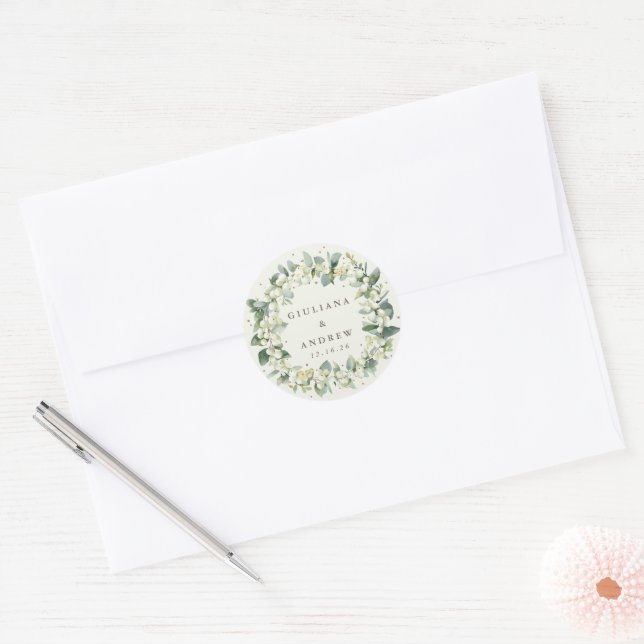 Elegant Cream Snowberry+Eucalyptus Wreath Wedding Classic Round Sticker (Envelope)
