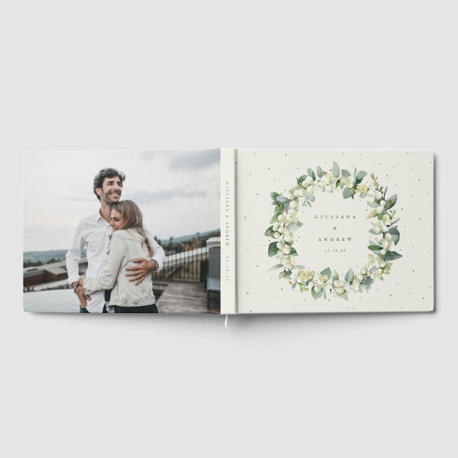 Elegant Cream Snowberry+Eucalyptus Wreath Wedding Guest Book (Full)