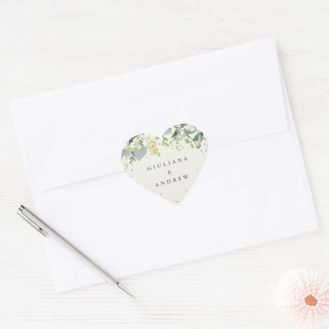 Elegant Cream Snowberry+Eucalyptus Wreath Wedding Heart Sticker (Envelope)