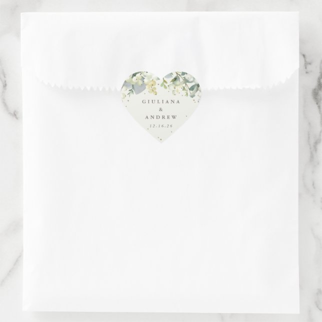 Elegant Cream Snowberry+Eucalyptus Wreath Wedding Heart Sticker (Bag)