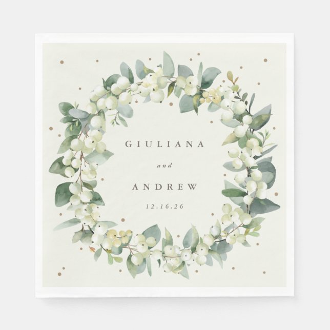 Elegant Cream Snowberry+Eucalyptus Wreath Wedding Napkin (Front)