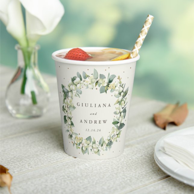 Elegant Cream Snowberry+Eucalyptus Wreath Wedding Paper Cups (Insitu)