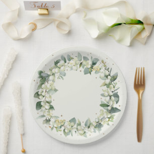 Elegant Cream Snowberry+Eucalyptus Wreath Wedding Paper Plate