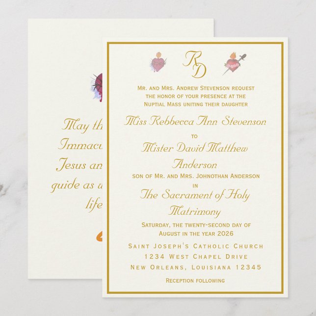 Elegant Cream Two Hearts Catholic Wedding Invitation (Creator Uploaded)