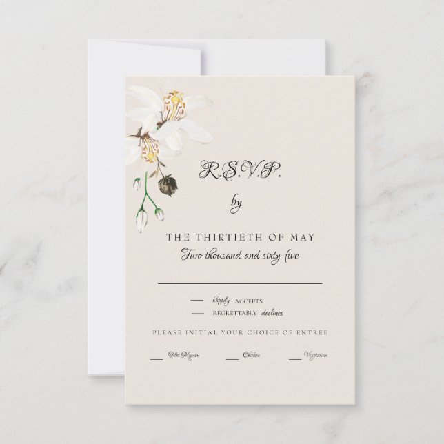 Elegant Cream White Floral Dinner Script RSVP Card (Front)
