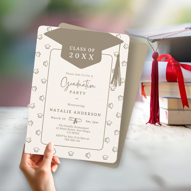 Elegant Creamy White Graduate Hat Graduation Party Invitation (Classy Burgundy Gold Graduate Hat Graduation Party Invitation )
