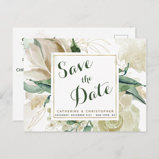 Elegant Creme Floral Save the Date Wedding Announcement Postcard (Front/Back)