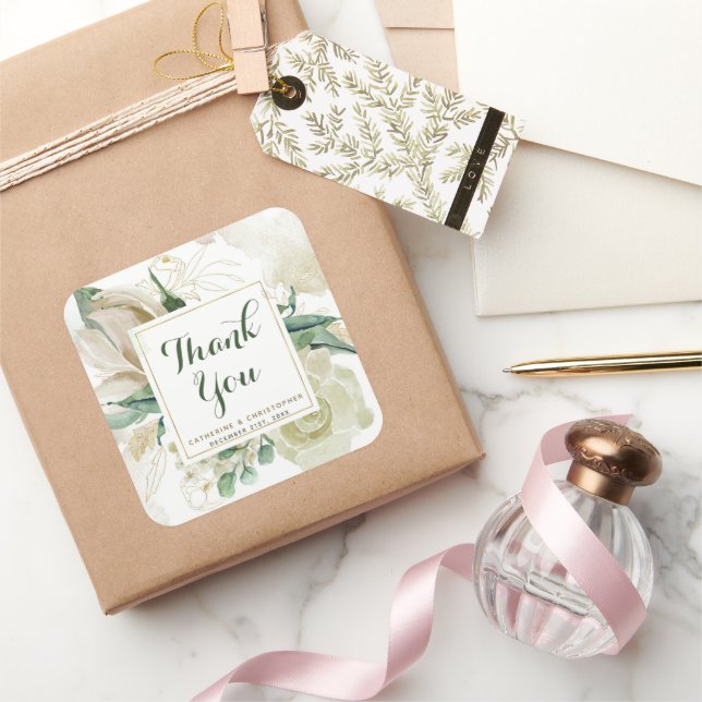 Elegant Creme Floral Wedding Thank You Square Sticker (Gifting)