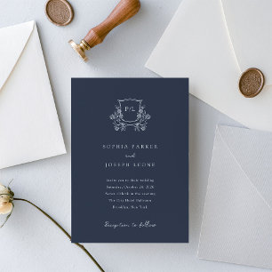 Elegant Crest and Monogram Navy Blue Wedding Invitation