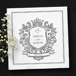 Elegant Crest Black and White Paper Wedding Napkin