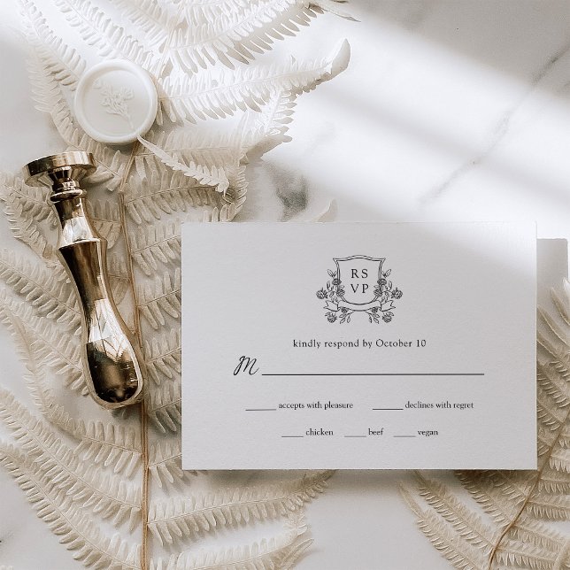 Elegant Crest Black and White Wedding Meal Choice RSVP Card (Creator Uploaded)