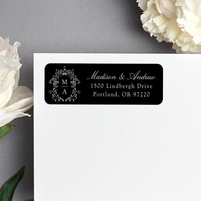 Elegant Crest Black Monogram Wedding Address (Creator Uploaded)
