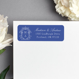 Elegant Crest Blue Monogram Wedding Address