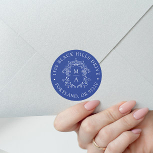 Elegant Crest Blue Wedding Return Address Classic Round Sticker