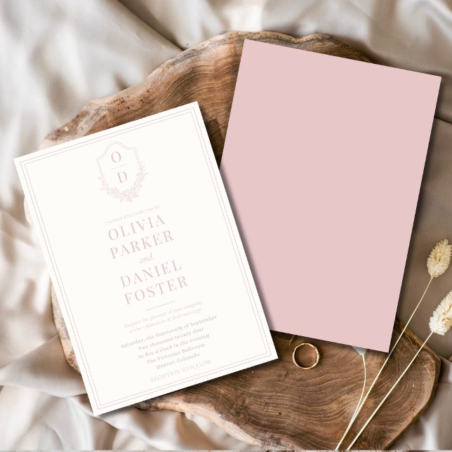 Elegant Crest Blush Pink Minimalist Wedding Invitation (Creator Uploaded)