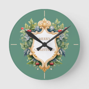 Elegant Crest Christmas Card Round Clock