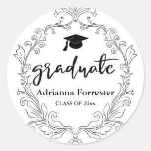 Elegant Crest Graduation Hat Script  Classic Round Sticker