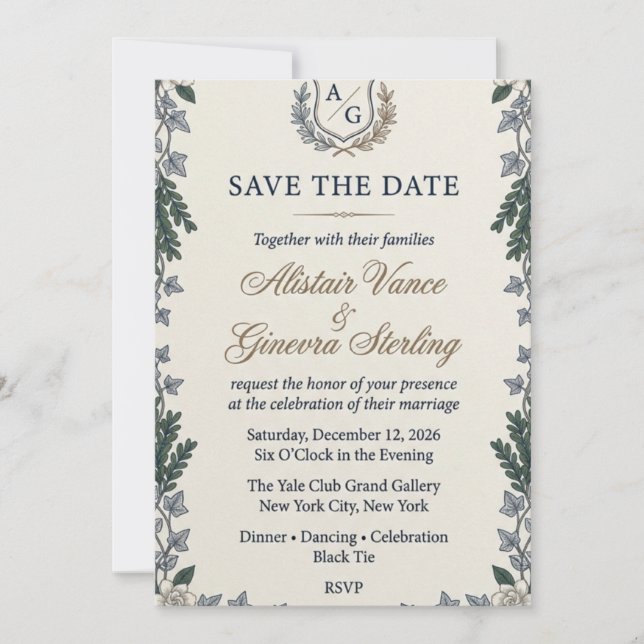 Elegant Crest & Ivy Wedding Invitation |  (Front)