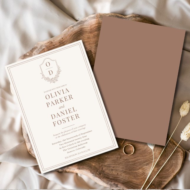 Elegant Crest Mocha Brown Modern Wedding Invitation (Creator Uploaded)