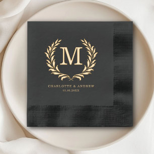 Elegant Crest Monogram Black Wedding Foil Napkins