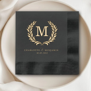 Elegant Crest Monogram Black Wedding Foil Napkins