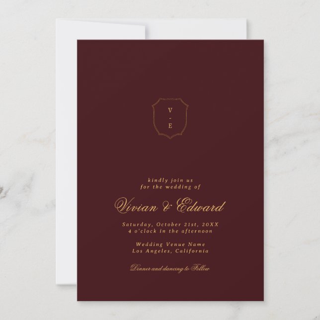 Elegant Crest Monogram Burgundy and Gold Wedding Invitation (Front)