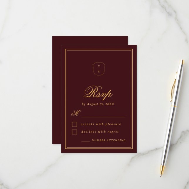 Elegant Crest Monogram Burgundy Gold Fall Wedding RSVP Card (Front/Back In Situ)