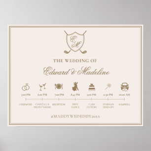 Elegant Crest Monogram Golf Wedding Timeline Poster