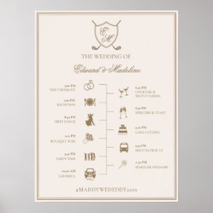 Elegant Crest Monogram Golf Wedding Timeline Poster