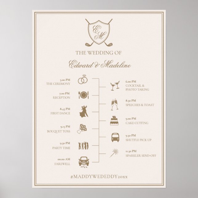 Elegant Crest Monogram Golf Wedding Timeline Poster (Front)