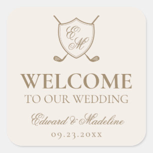 Elegant Crest Monogram Golf Wedding Welcome Bag Square Sticker
