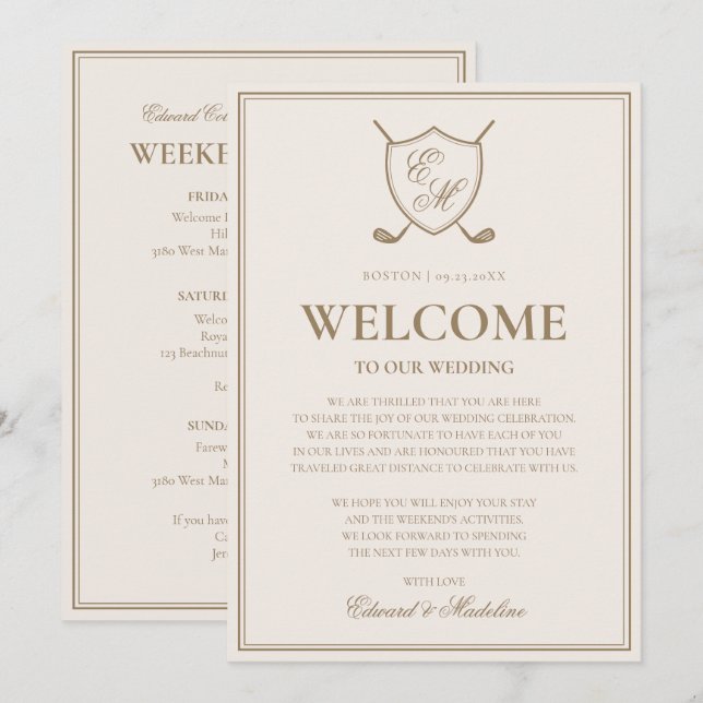 Elegant Crest Monogram Golf Wedding Welcome Note Invitation (Front/Back)