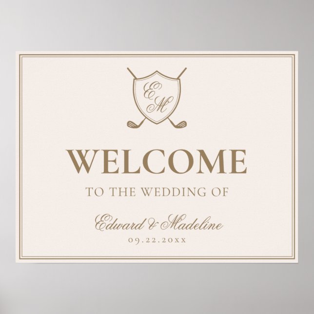 Elegant Crest Monogram Golf Wedding Welcome Poster (Front)